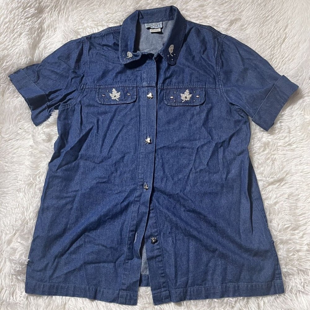 jaclyn smith sport vintage cotton denim shirt Silver Leaf Accent Button Blue med